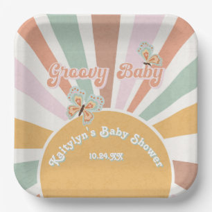 Groovy Baby Retro 70s Hippie Sunshine Pink Mustard Paper Plate