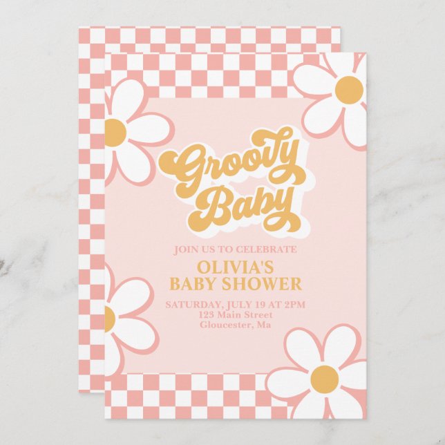 Groovy Baby Retro Check Pink Daisy Invitation (Front/Back)