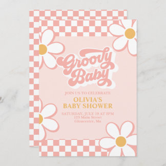 Groovy Baby Retro Check Pink Daisy Invitation