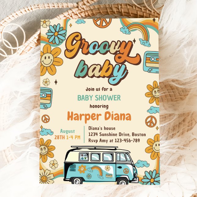 Groovy Baby Retro Rainbow Baby Shower Party Invitation (Creator Uploaded)