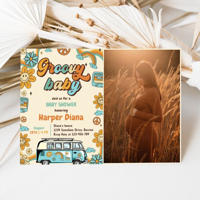 Groovy Baby Retro Rainbow Baby Shower Party Invitation (Creator Uploaded)