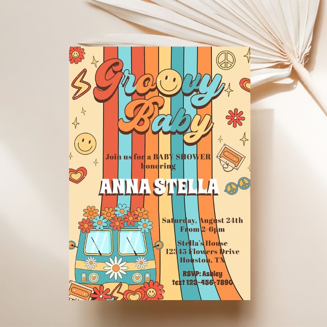 Groovy Baby Retro Rainbow Baby Shower Party Invitation (Creator Uploaded)