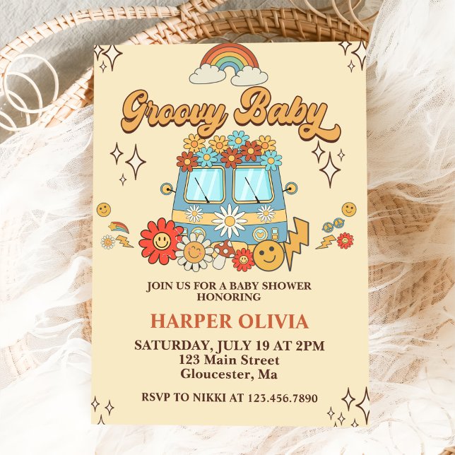 Groovy Baby Retro Rainbow Baby Shower Party Invitation (Creator Uploaded)