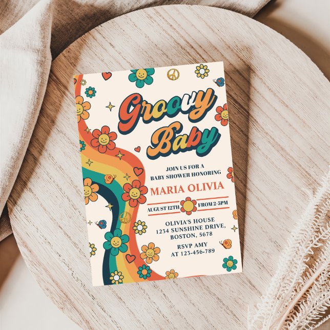 Groovy Baby Retro Rainbow Baby Shower Party Invitation (Creator Uploaded)