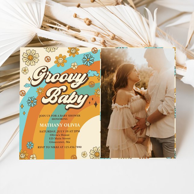 Groovy Baby Retro Rainbow Baby Shower Party Photo Invitation (Creator Uploaded)