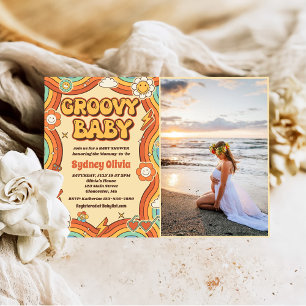 Groovy Baby Retro Rainbow Baby Shower Party Photo Invitation