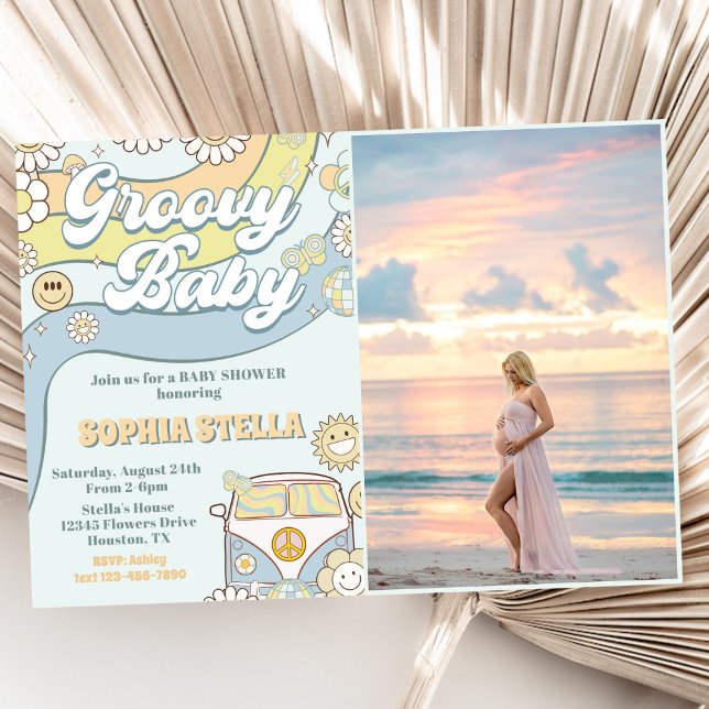 Groovy Baby Retro Rainbow Baby Shower Party Photo Invitation (Creator Uploaded)