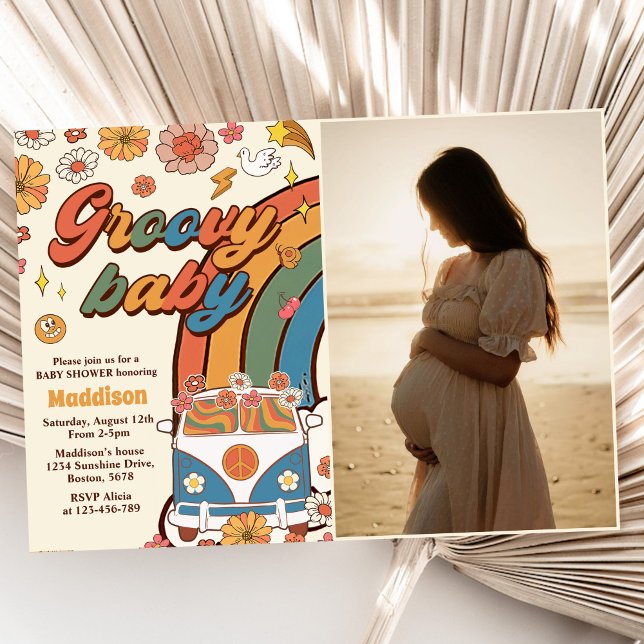 Groovy Baby Retro Rainbow Baby Shower Photo Invitation (Creator Uploaded)