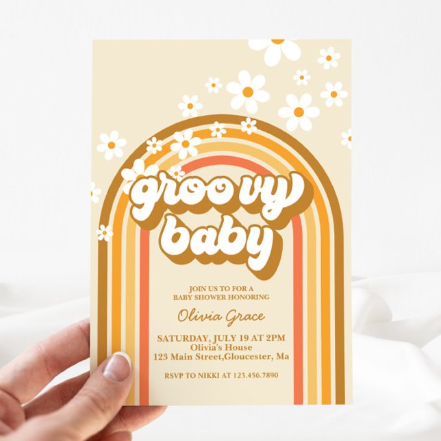Groovy Baby Retro Rainbow Daisy Baby Shower Invitation (Creator Uploaded)