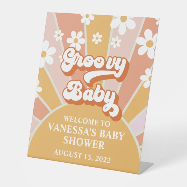 Groovy Baby Retro Sunshine Baby Shower Welcome Pedestal Sign (Front)