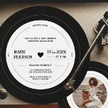 Groovy Baby Vintage Vinyl Record Baby Shower Photo Invitation<br><div class="desc">Welcome your little one into the world with our personalised vinyl record baby shower invitation. The unique, retro design of this invitation is shaped like a vinyl record and features a photo of the baby mama on the back. The invitation is easily editable so you can add all of the...</div>