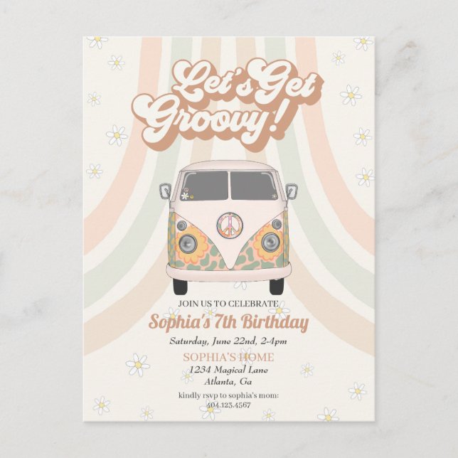 Groovy birthday party, 70s retro theme invitation postcard (Front)