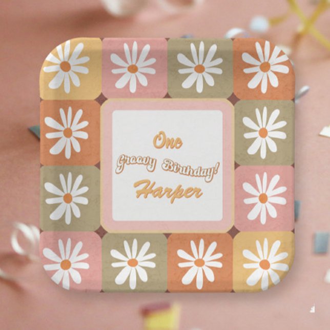 Groovy Birthday Retro Hippie 60s 70s Daisy Flowers Paper Plate (Creator Uploaded)
