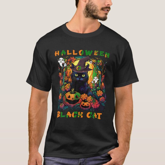Groovy Black Cat Season Halloween pumpkin monster  T-Shirt (Front)