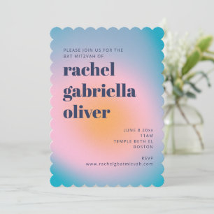 Groovy Blue Gradient Retro Photo Bat Mitzvah Invitation