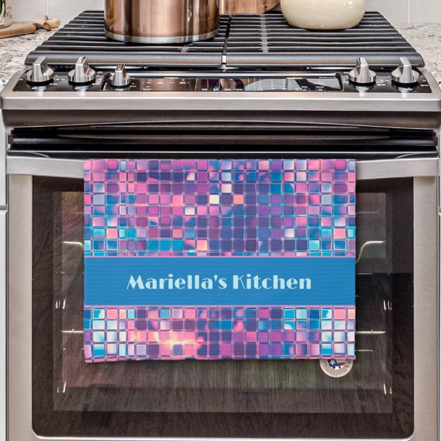 Groovy Blue & Purple Disco Ball Personalised Tea Towel (Groovy Blue & Purple Disco Ball Personalized Kitchen Towel)