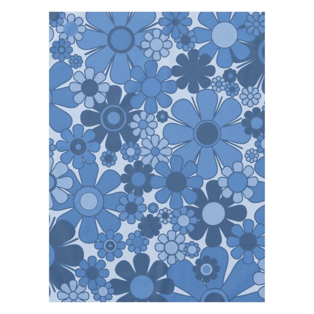 Groovy Blue Retro 60s 70s Floral Pattern Tablecloth (Front)