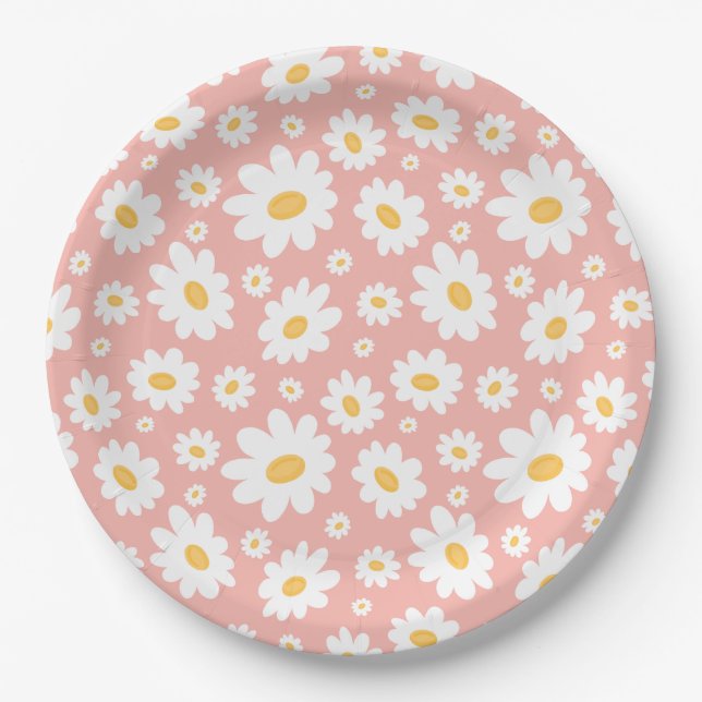Groovy Blush Boho Daisy Floral Garden Pattern Paper Plate (Front)