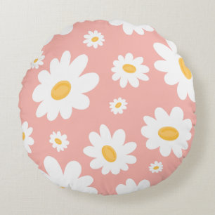 Groovy Blush Boho Daisy Floral Garden Pattern Round Cushion