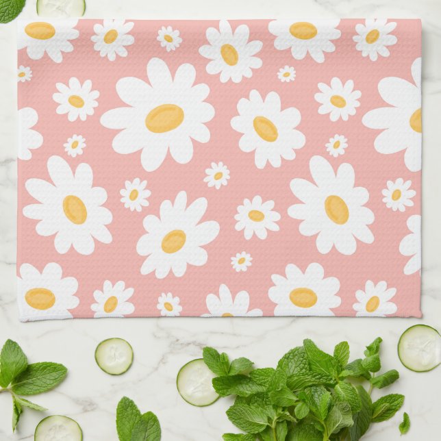 Groovy Blush Boho Daisy Floral Garden Pattern Tea Towel (Folded)