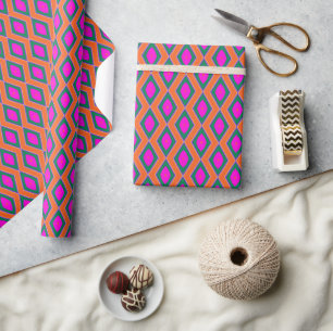 Groovy Bohemian Retro Pink Orange Geometric Shapes Wrapping Paper