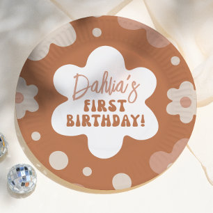 Groovy Boho Daisy Retro Girl 1st Birthday Party Paper Plate