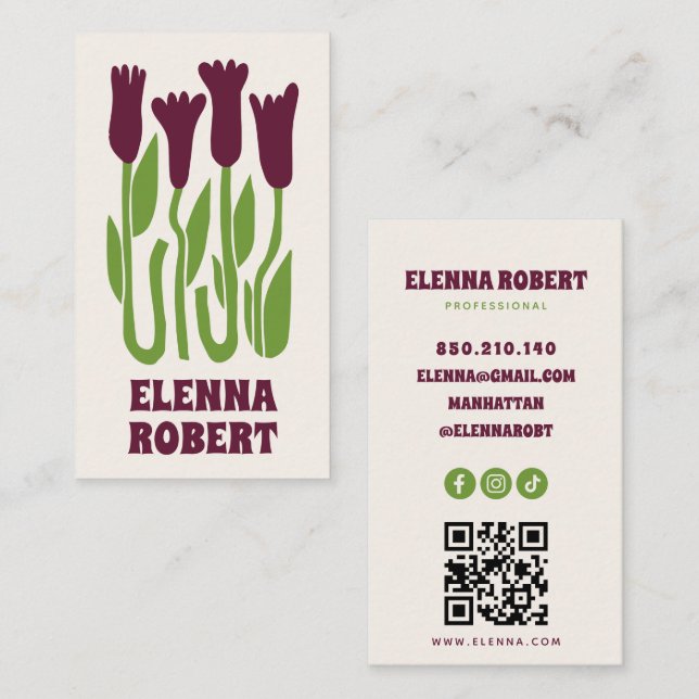groovy boho flowers script business card (Front/Back)