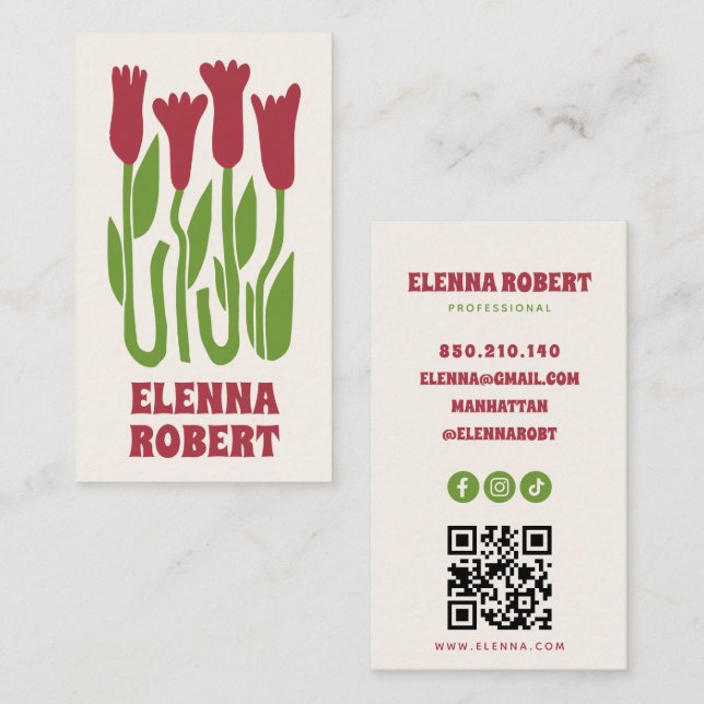 groovy boho flowers script business card (Front/Back)