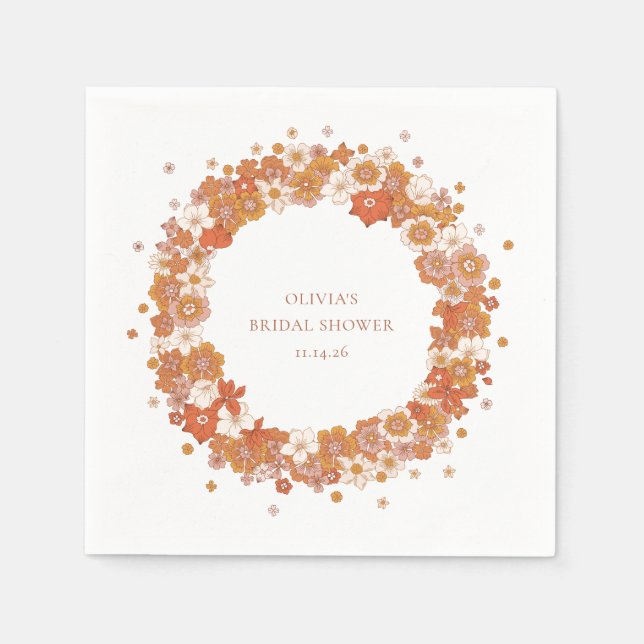 Groovy Boho Orange Floral Bridal Shower Custom  Napkin (Front)