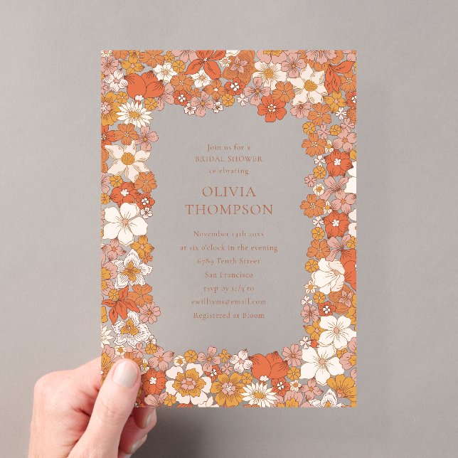 Groovy Boho Orange Floral Frame Bridal Shower Acrylic Invitations (Insitu (Handheld))