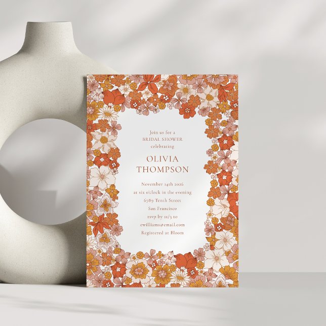 Groovy Boho Orange Floral Frame Bridal Shower Invitation (Creator Uploaded)