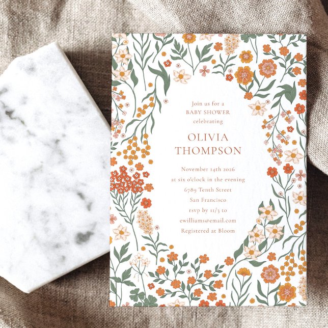Groovy Boho Orange Wildflower Whimsy Baby Shower Invitation (Creator Uploaded)