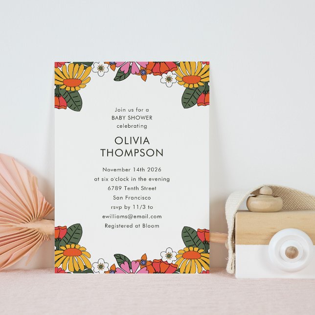 Groovy Boho Retro Flower Frame Cute Baby Shower Invitation (Creator Uploaded)