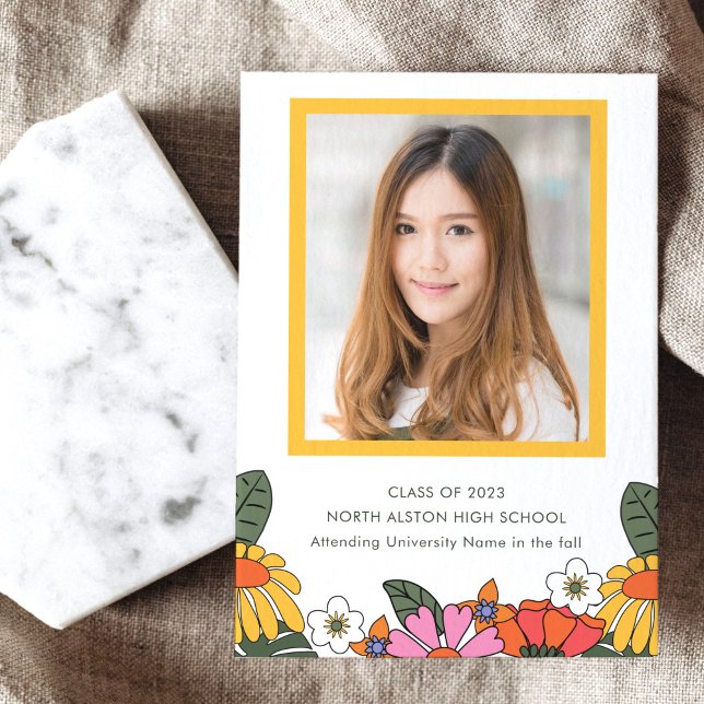 Groovy Boho Retro Flower Photo Graduation Party Invitation (Creator Uploaded)