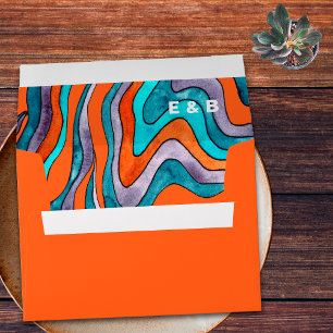 Groovy Boho Retro Orange Wavy Typography Wedding Envelope