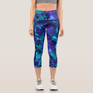 Groovy Boho Vibrant Blue Monochrome Fractal Marble Capri Leggings