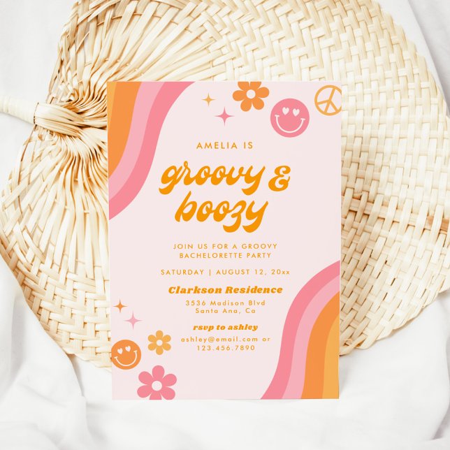 Groovy & Boozy Pink & Orange Bachelorette Party Invitation (Creator Uploaded)