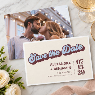 Groovy Burgundy Sky Blue Wedding Retro Typography Save The Date