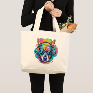 Groovy Canine Vibes : Cool Dog with Headphones Large Tote Bag