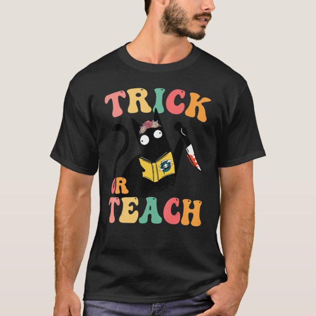 Groovy Cat 70s Costume Trick or Teach Retro Floral T-Shirt (Front)