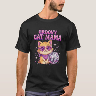 Groovy Cat Mama Disco Ball Pink Glitter T-Shirt