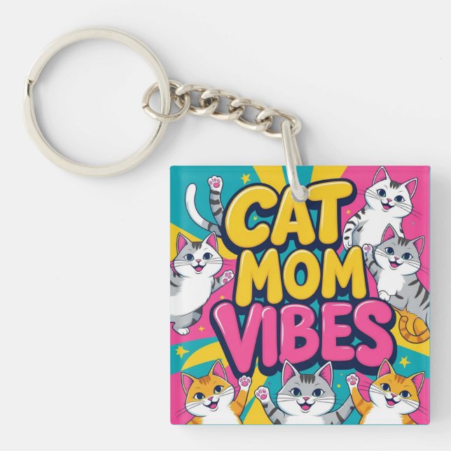 Groovy Cat Mum Vibes Key Ring (Front)