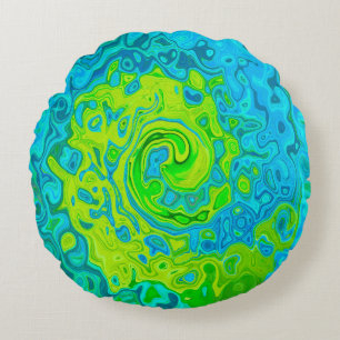 Groovy Chartreuse and Aquamarine Liquid Swirl Round Cushion