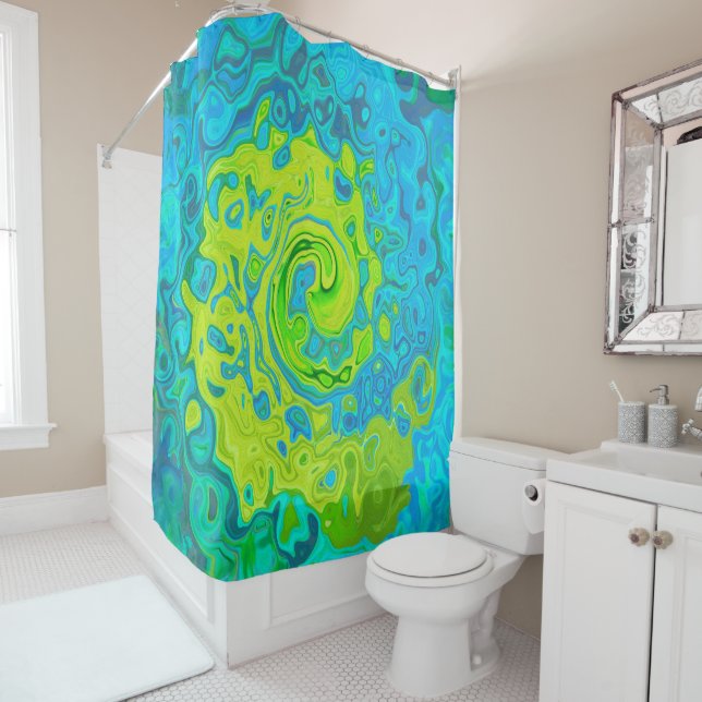 Groovy Chartreuse and Aquamarine Liquid Swirl Shower Curtain (In Situ)
