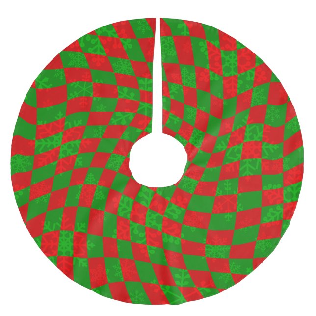 groovy christmas chequered swirly 1960s snowflakes brushed polyester tree skirt (Front)