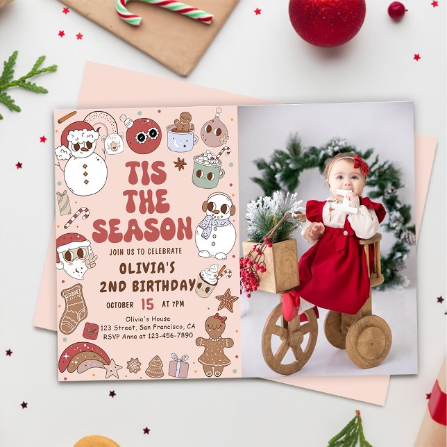 Groovy Christmas Hippie Santa Birthday Photo Invitation (Creator Uploaded)