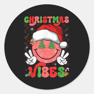 Groovy Christmas Vibes Smile Face Santa Hat Xmas M Classic Round Sticker