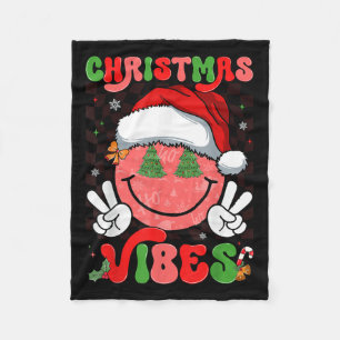 Groovy Christmas Vibes Smile Face Santa Hat Xmas M Fleece Blanket