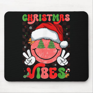 Groovy Christmas Vibes Smile Face Santa Hat Xmas M Mouse Pad