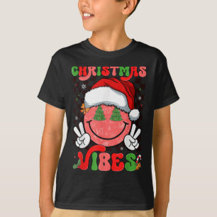 Groovy Christmas Vibes Smile Face Santa Hat Xmas M T-Shirt